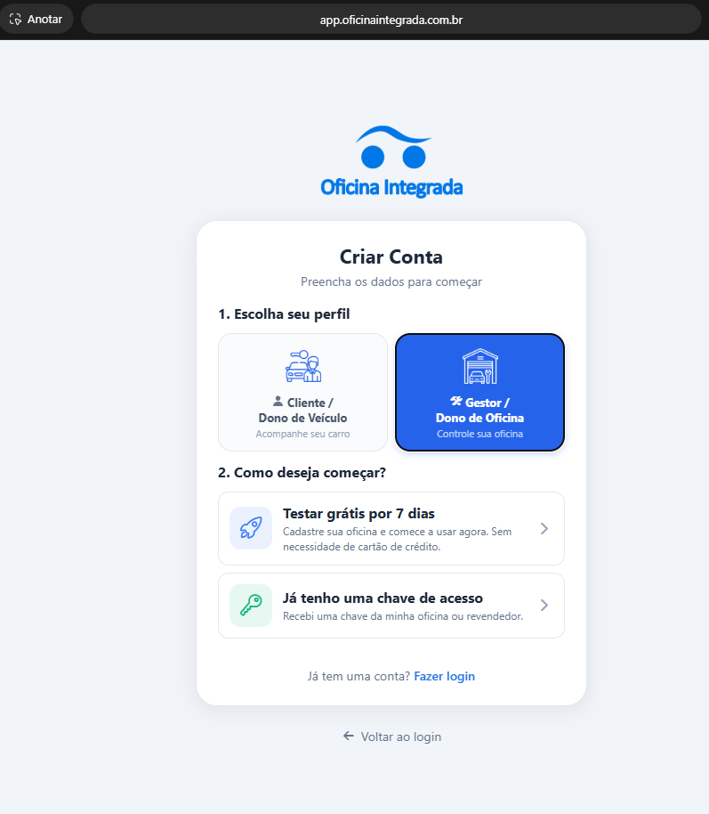 Tela Criar Conta: perfil Gestor / Dono de Oficina e opção Já tenho uma chave de acesso.