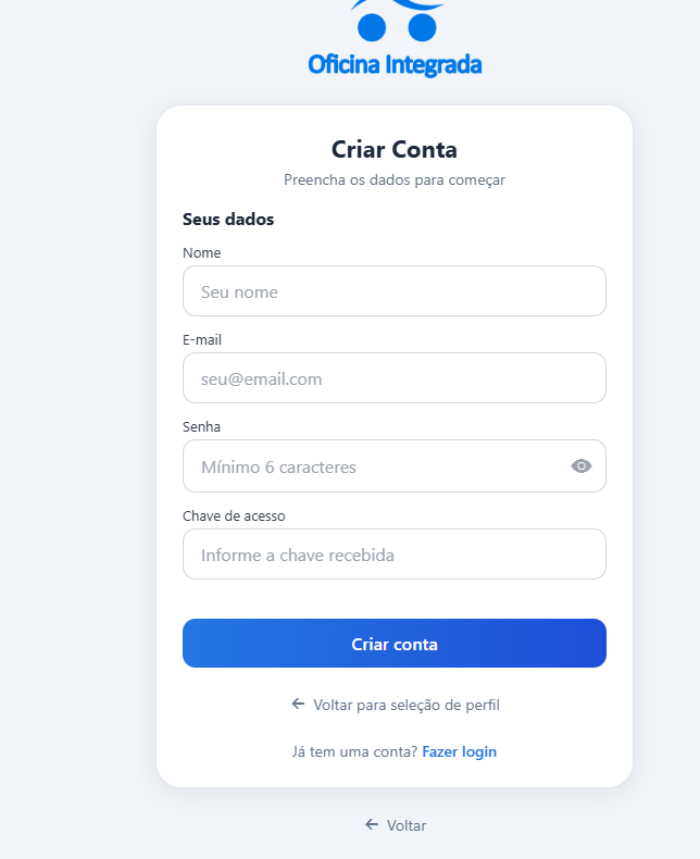 Formulário com os campos Nome, E-mail, Senha e Chave de acesso, seguido do botão Criar conta.